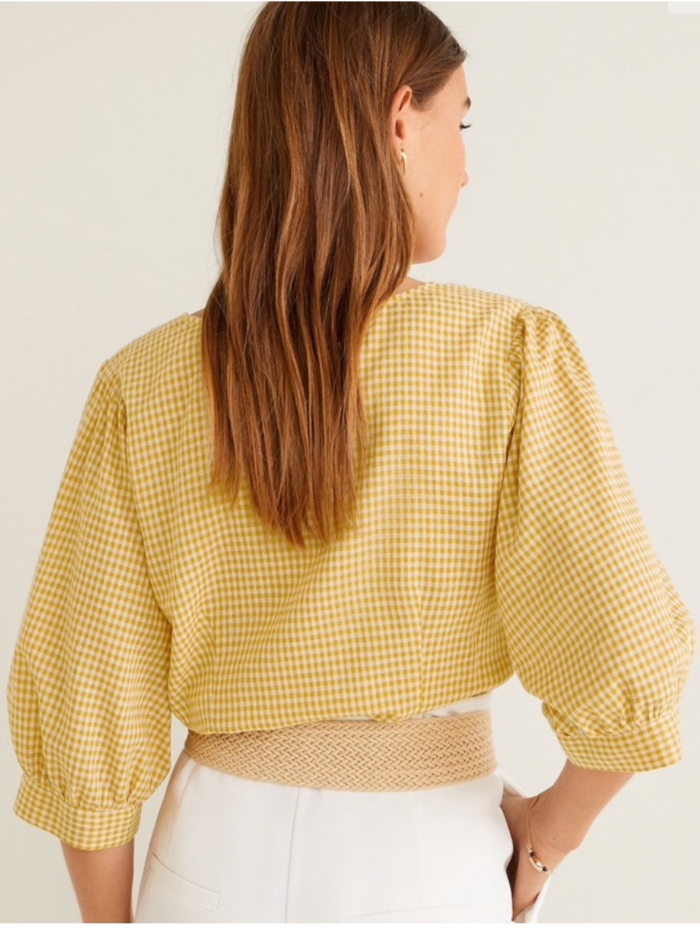 Mango lagenlook mustard gingham V-neck puff sleeve button up resort crop blouse - Picture 16 of 16